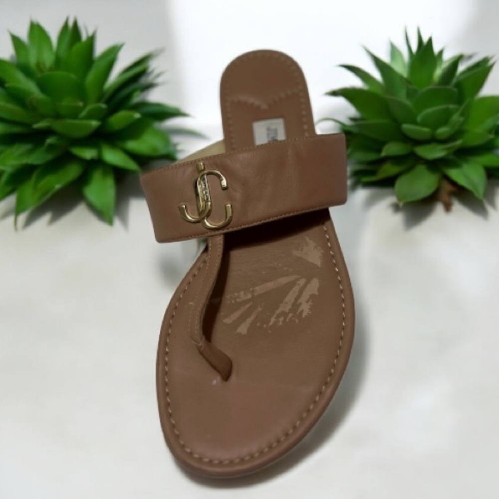 AMPUTEE ONE SHOE ONLY Jimmy Choo Brown Leather Sandals Gold Buckle Logo LEFT